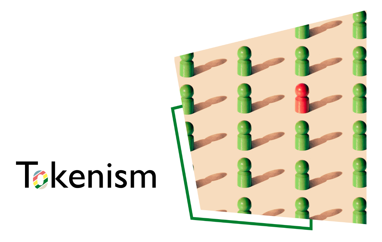 Grafik mit mehreren Spielfiguren, eine davon in roter Farbe, bezieht sich auf das Thema Tokenism und führt zu einer Diskussion über das Vermeiden von Tokenism, verfügbar auf YouTube und LinkedIn